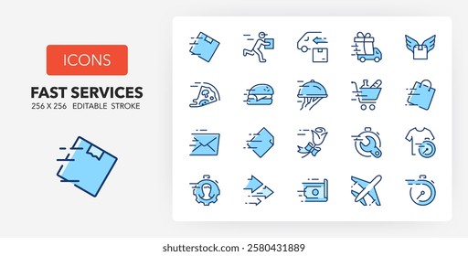 Line icons about fast services of delivery and shipping. Contains such icons as human resources, laundry, florist and more. 256x256 Pixel Perfect editable in two colors