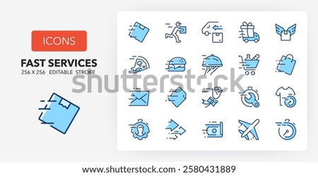 Line icons about fast services of delivery and shipping. Contains such icons as human resources, laundry, florist and more. 256x256 Pixel Perfect editable in two colors