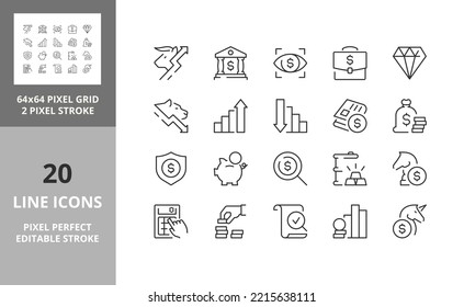 Zeilensymbole zum Thema Finanzen. Finanzkonzept. Enthält Symbole wie Börse, Investitionen und Rohstoffe. Bearbeitbarer Vektorhub. 64 und 256 Pixel perfekt skalierbar auf 128 Pixel