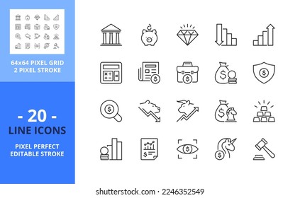 Line icons about finance. Financial concept. Contains such icons as piggy bank, bank, stock market, investment and accounts. Editable stroke. Vector - 64 pixel perfect grid