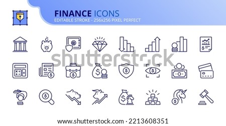 Line icons about finance. Financial concept. Contains such icons as piggy bank, bank, stock market, investment and accounts. Editable stroke Vector 256x256 pixel perfect