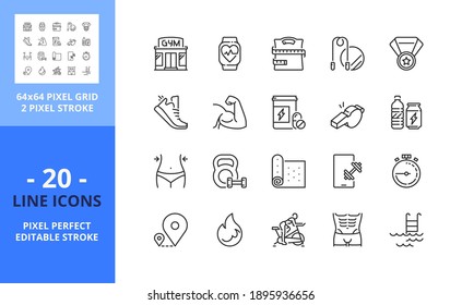 Line icons about fitness. Contains such icons as training, gym, running, body shape, equipment, spinning and swimming. Editable stroke. Vector - 64 pixel perfect grid.