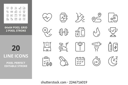 Line icons about fitness, gym and health care. Editable vector stroke. 64 and 256 Pixel Perfect scalable to 128px