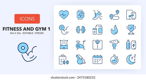 Iconos de línea sobre fitness y gimnasio. Contiene iconos como entrenamiento, entrenador personal, entrenamiento y más. 256x256 Píxel Perfecto editable en dos colores. Conjunto 1 de 2