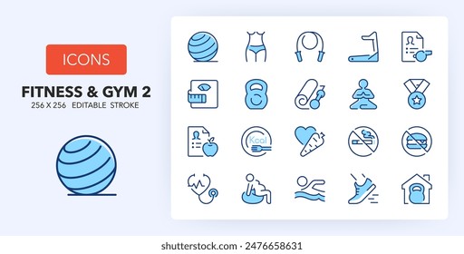 Iconos de línea sobre fitness y gimnasio. Contiene iconos como nutricionista, entrenador personal, escultura corporal y más. 256x256 Píxel Perfecto editable en dos colores. Juego 2 de 2