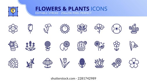 Line icons about flowers and plants. Contains such icons as rose, daisy, tulip, daffodil, sakura and cactus. Editable stroke Vector 256x256 pixel perfect