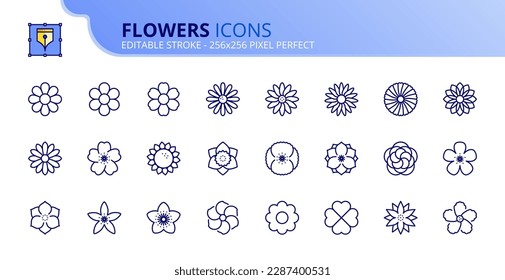 Line icons about flowers and plants. Contains such icons as rose, daisy, tulip, daffodil, sakura and cactus. Editable stroke Vector 256x256 pixel perfect