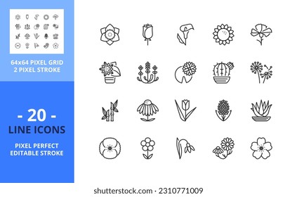 Iconos de línea sobre flores y plantas. Contiene iconos como rosa, margarita, tulipán, daffodil, sakura y cactus. Trazo editable. Vector: cuadrícula perfecta de 64 píxeles