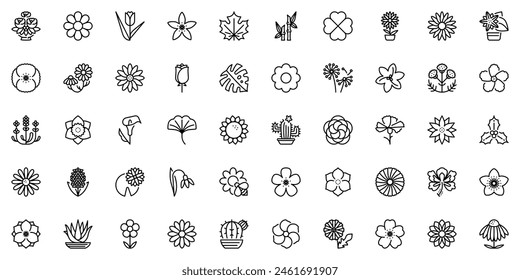 Line icons about flowers and plants as daisy, cactus, tulip, rose and dandelion. Editable stroke and pixel perfect.