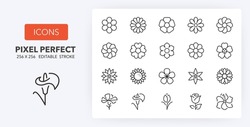 Line Icons About Flowers. Thin Line Icon Set. 512x512 Pixel Perfect.. Editable Vector Stroke. 64 And 256 Pixel Perfect Scalable To 128px