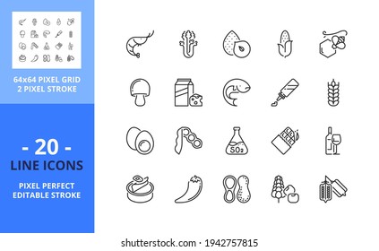 Line icons about food allergens. Contains such icons as seafood, soy bean, gluten, dairy products, egg, nuts, peanut,corn and sesame. Editable stroke. Vector - 64 pixel perfect grid