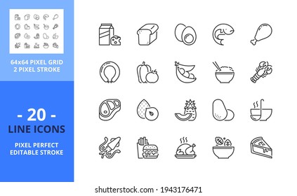 Line icons about food. Contains such icons as fruit, vegetables, meat, seafood, grains, dairy, egg, legumes and nuts. Editable stroke. Vector - 64 pixel perfect grid