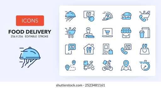 Line icons about food delivery and order online. Contains such icons as supermarket order, rider, progress and more. 256x256 Pixel Perfect editable in two colors