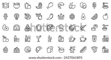 Line icons about food and drink as fruits, vegetables, meat, seafood, carbohydrates, nuts, dairy products and beverages. Editable stroke and pixel perfect.