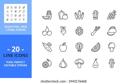 Line icons about fruit and vegetables. Contains such icons as vegan food, pineapple, watermelon, orange, broccoli, tomato, cucumber and radish. Editable stroke. Vector - 64 pixel perfect grid