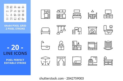 Liniensymbole zu Möbeln. Enthält solche Symbole wie Schlafzimmer, Küche, Esszimmer, Wohnzimmer, Arbeitsbereich, Toilette und Garten. Bearbeitbarer Strich. Vektor - perfektes Raster mit 64 Pixel