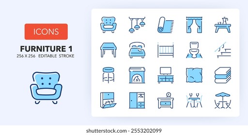 Iconos de línea sobre muebles, cortinas y textiles para el hogar. Contiene iconos tales como sillón, toallas, cama y más. 256x256 Pixel Perfecto editable en dos colores. Conjunto 1 de 2