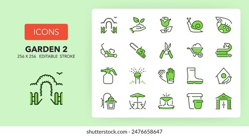 Line icons about garden. Contains such icons as gardening, irrigation, furniture and more. 256x256 Pixel Perfect editable in two colors. Set 2 of 2