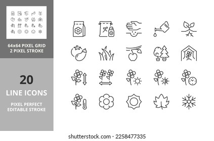 Line icons about gardening and seeding activities. Editable vector stroke. 64 and 256 Pixel Perfect scalable to 128px