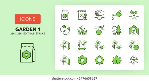 Line icons about gardening and seeding. Contains such icons as greenhouse, substrate, seeds and more. 256x256 Pixel Perfect editable in two colors. Set 1 of 2