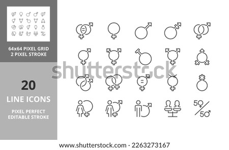 Line icons about gender and equality. Editable vector stroke. 64 and 256 Pixel Perfect scalable to 128px