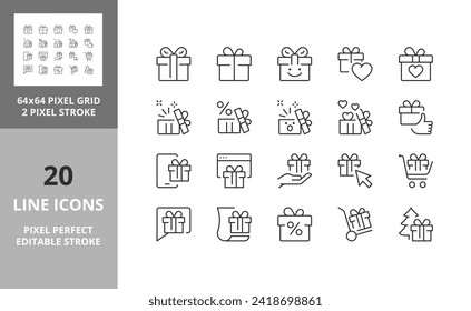 Line icons about gift boxes and presents. Editable vector stroke. 64 and 256 Pixel Perfect scalable to 128px...