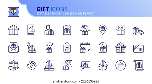 Line icons about gift. Shopping concept. Contains such icons as gift box, gift card, wish list and gift wrap. Editable stroke Vector 256x256 pixel perfect