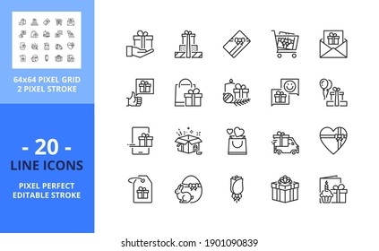 Line icons about gifts. Contains such icons as shopping, presents, box, greetings card, gift wrap and gift card. Editable stroke. Vector - 64 pixel perfect grid.