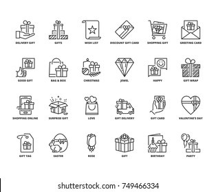 Line icons about gifts. Editable stroke. 64x64 pixel perfect.