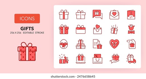 Iconos de línea sobre regalos y regalos. Contiene iconos como tarjetas de San Valentín, día de la madre, lista de deseos y más. 256x256 Píxel Perfecto editable en dos colores