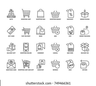 Line icons about gifts and shopping. Editable stroke. 64x64 pixel perfect.