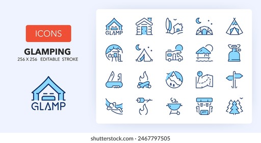 Line icons about glamping and outdoor activities. Contains such icons as camping, treehouse, barbecue and more. 256x256 Pixel Perfect editable in two colors