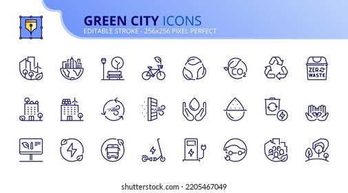 Iconos de línea sobre la ciudad verde. Desarrollo sostenible. Contiene iconos como la energía renovable, la construcción autónoma, la calidad del aire y del agua. Vector de trazo editable de 256x256 píxeles perfecto