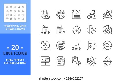 Line icons about green city. Sustainable development. Contains such icons as renewable energy, autonomous building, air and water quality. Editable stroke. Vector - 64 pixel perfect grid