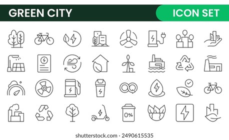 Line icons about green city. Sustainable development. Contains such icons as renewable energy, autonomous building, air and water quality.