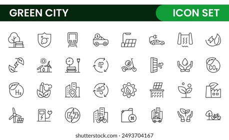 Line icons about green city. Sustainable development. Contains such icons as renewable energy, autonomous building, air and water quality.