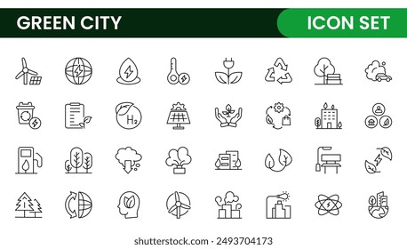 Line icons about green city. Sustainable development. Contains such icons as renewable energy, autonomous building, air and water quality.