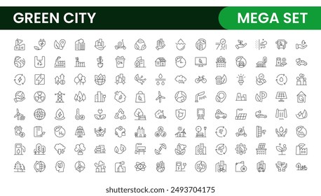 Line icons about green city. Sustainable development. Contains such icons as renewable energy, autonomous building, air and water quality.