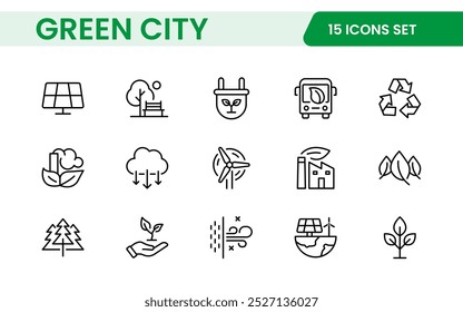 Line icons about green city. Sustainable development. Contains such icons as renewable energy, autonomous building, air and water quality.