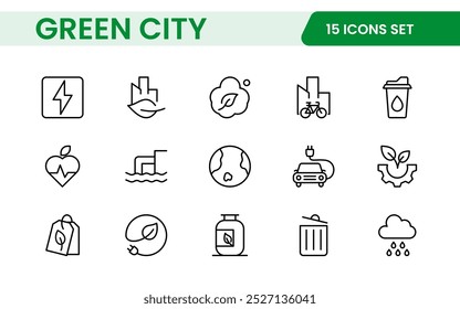 Line icons about green city. Sustainable development. Contains such icons as renewable energy, autonomous building, air and water quality.