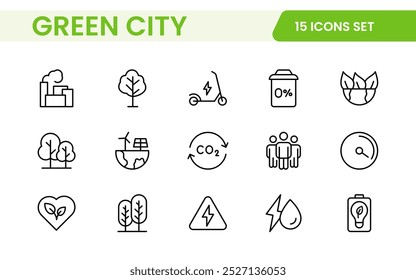 Line icons about green city. Sustainable development. Contains such icons as renewable energy, autonomous building, air and water quality.