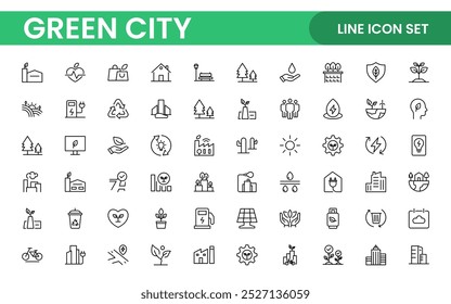 Line icons about green city. Sustainable development. Contains such icons as renewable energy, autonomous building, air and water quality.