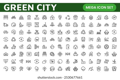 Iconos de línea sobre la ciudad verde. Desarrollo sostenible. Contiene íconos como energía renovable, construcción autónoma, calidad del aire y del agua.