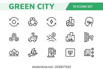 Line icons about green city. Sustainable development. Contains such icons as renewable energy, autonomous building, air and water quality.