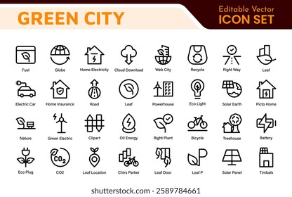 Line icons about green city. Sustainable development. Contains such icons as renewable energy, autonomous building, air and water quality.