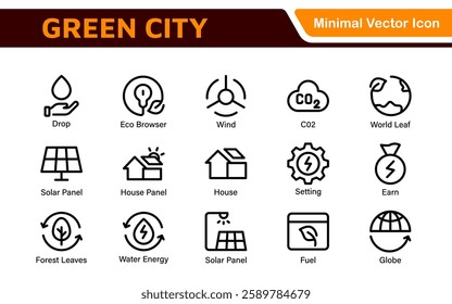 Line icons about green city. Sustainable development. Contains such icons as renewable energy, autonomous building, air and water quality.