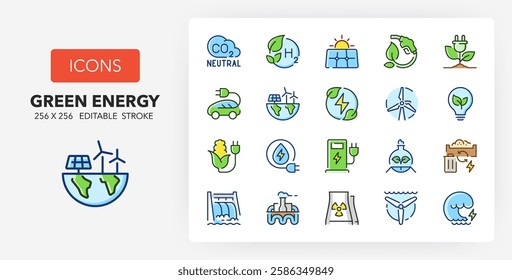 Line icons about Green energy and ecology concepts. Contains such icons as solar panel, geothermal and wind energy and more. 256x256 Pixel Perfect editable in colors