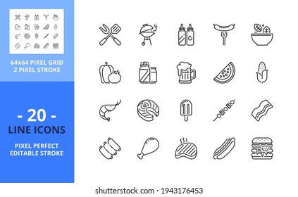 Line icons about grill and barbecue. Contains such icons as grill tools, sausage, hamburger, hot dog, drinks and meat. Editable stroke. Vector - 64 pixel perfect grid