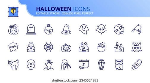 Line icons about Halloween. Contains such icons as trick or treat, pumpkin, potions, haunted house and monsters. Editable stroke Vector 256x256 pixel perfect