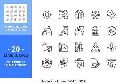 Line Icons About Headhunting. Business Concept. Contains Such Icons As Interview, Recruitment, Hiring Process, Candidates And Team. Editable Stroke. Vector - 64 Pixel Perfect Grid